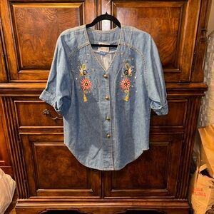 Vintage Monique Fashions Embroidered Denim Button-Up Shirt